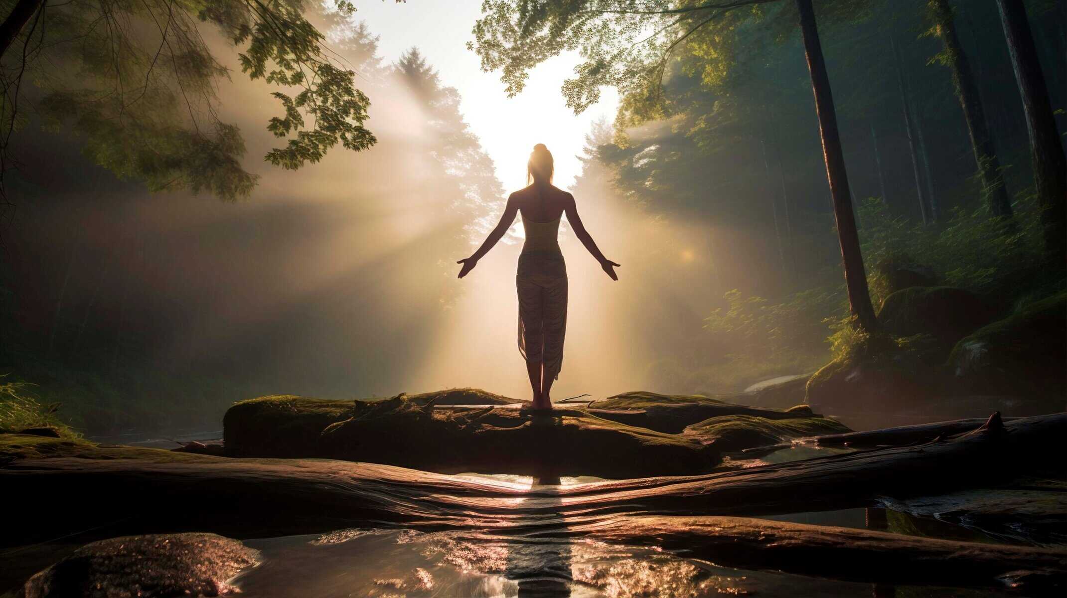 1 Silhouette of person in forest with sunbeams.