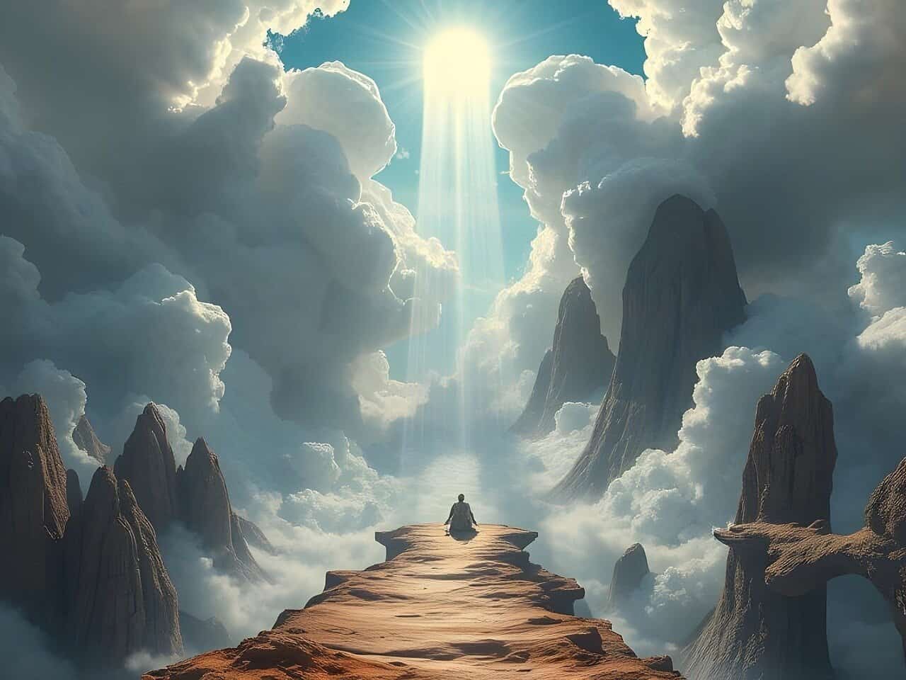 4 Person meditating on cloud path to bright sky