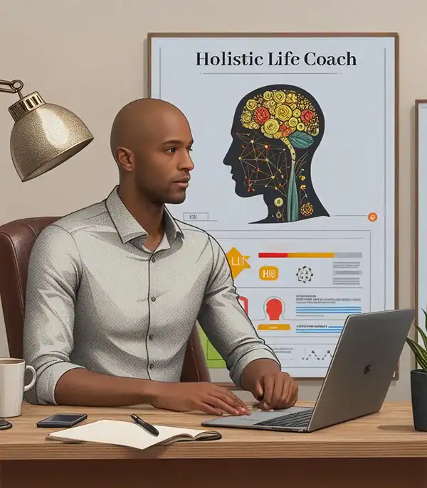 Holistic life coach Man working at desk with laptop and posters