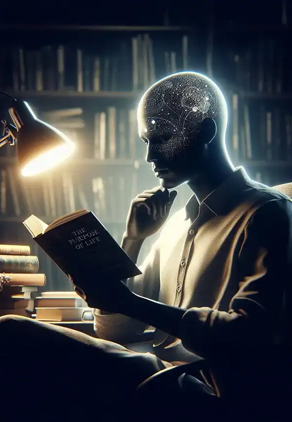 Purpose of Life Digital person reading book in dimly lit library.