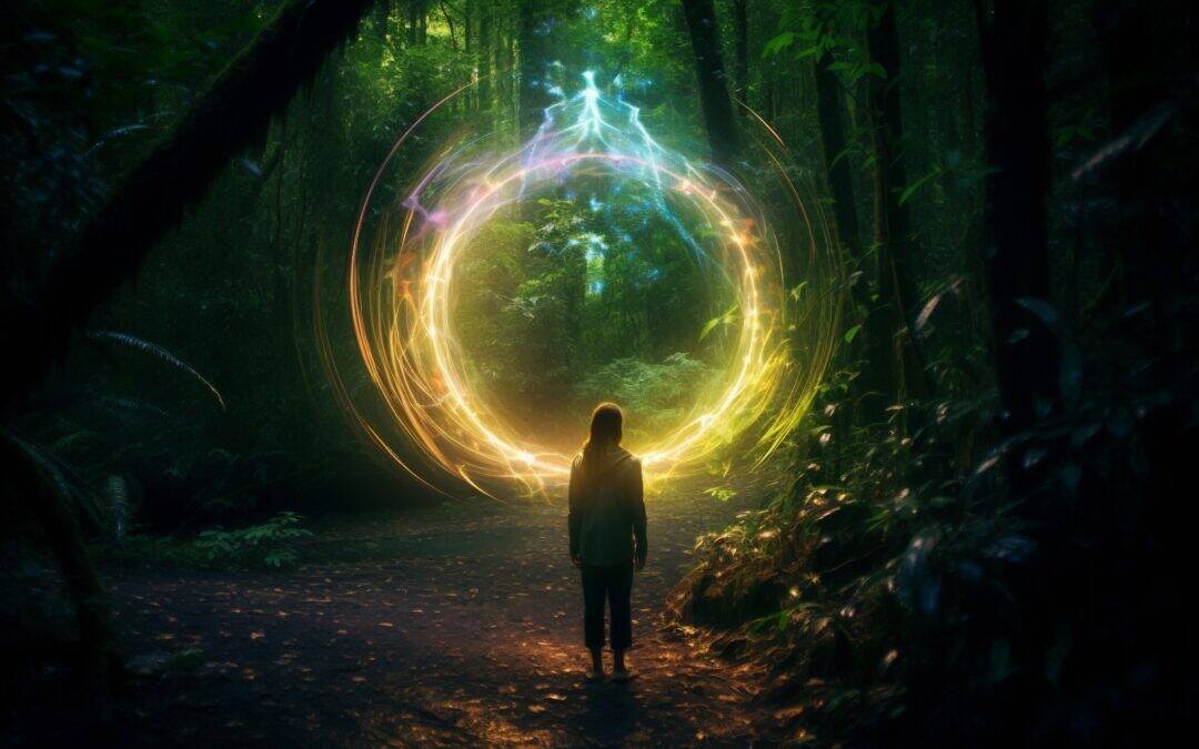 Person encountering mystical portal in forest.