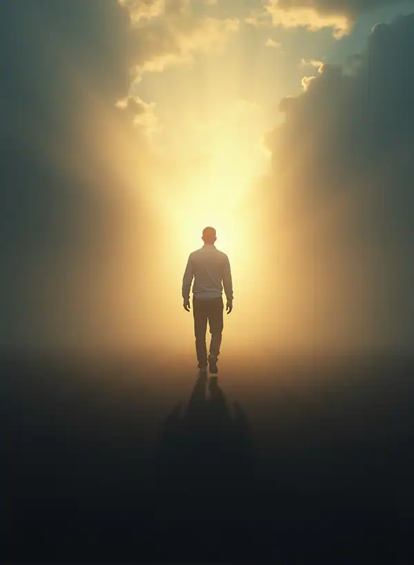 man darkness into light Silhouette walking toward bright light, clouds surrounding.